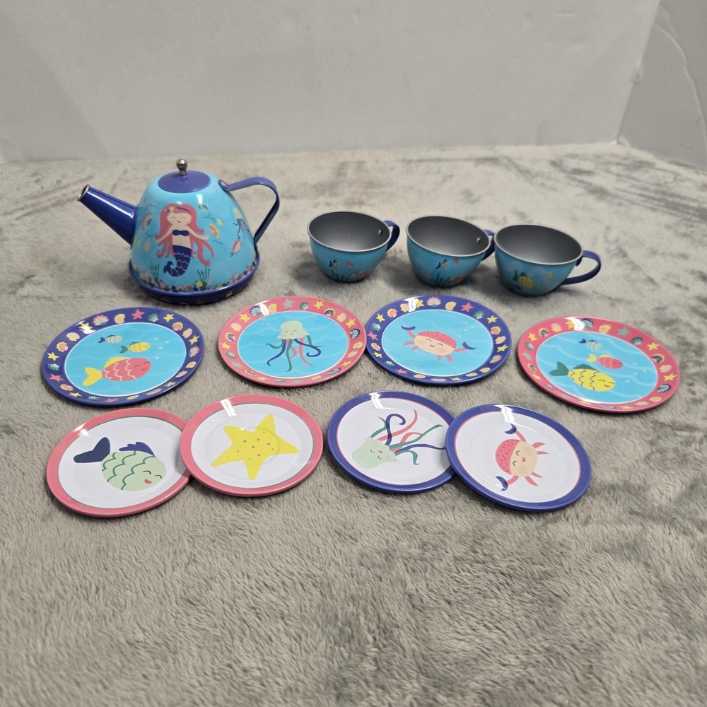 Schylling Mermaid Tin Tea Set Blue Pink Purple Ocean Sea Life Toy 12 Piece